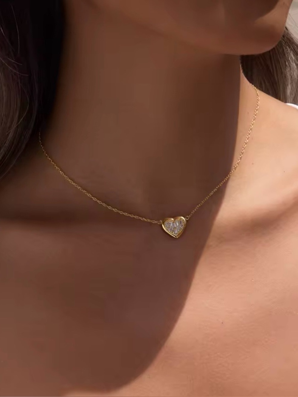 18K Gold PVD Coated Heart Mosaic Pendant Dainty Necklace - Women Jewelry